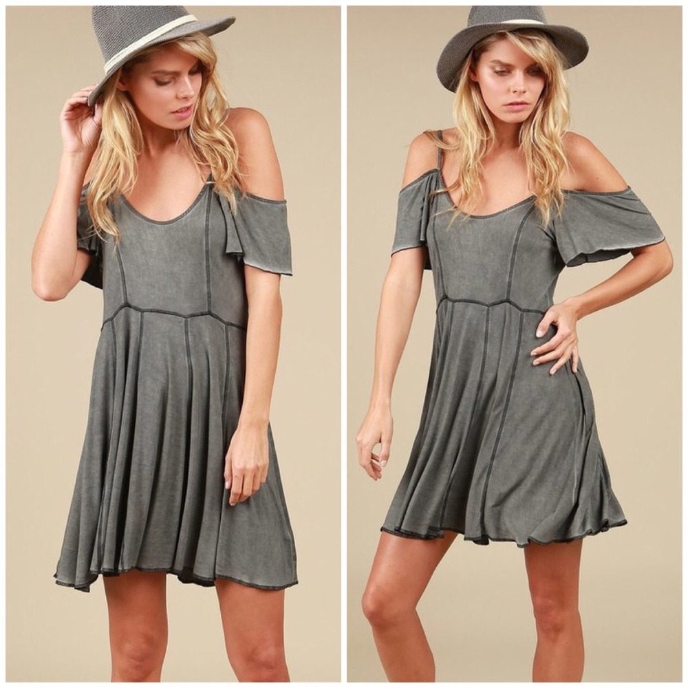 Charcoal Dark Grey Cold Shoulder Flare Dress - Picture 1 of 5